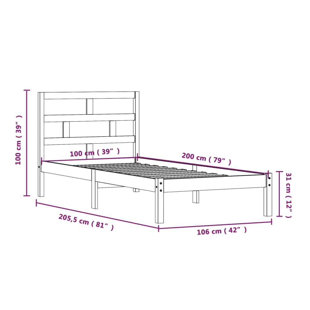 Estrutura de cama 100x200 cm pinho maciço cinzento