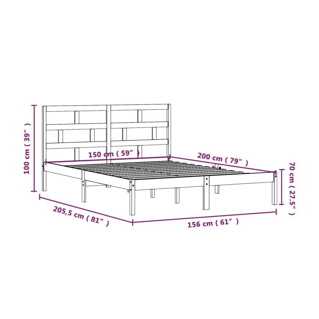 Estrutura de cama king 150x200 cm madeira maciça cinzento