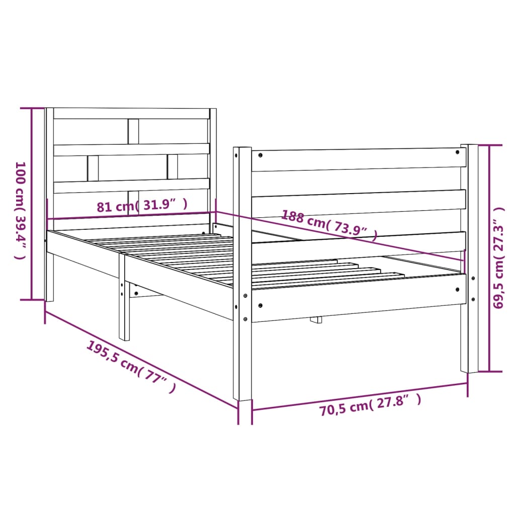 Estrutura de cama pequena solteiro 75x190 cm madeira maciça