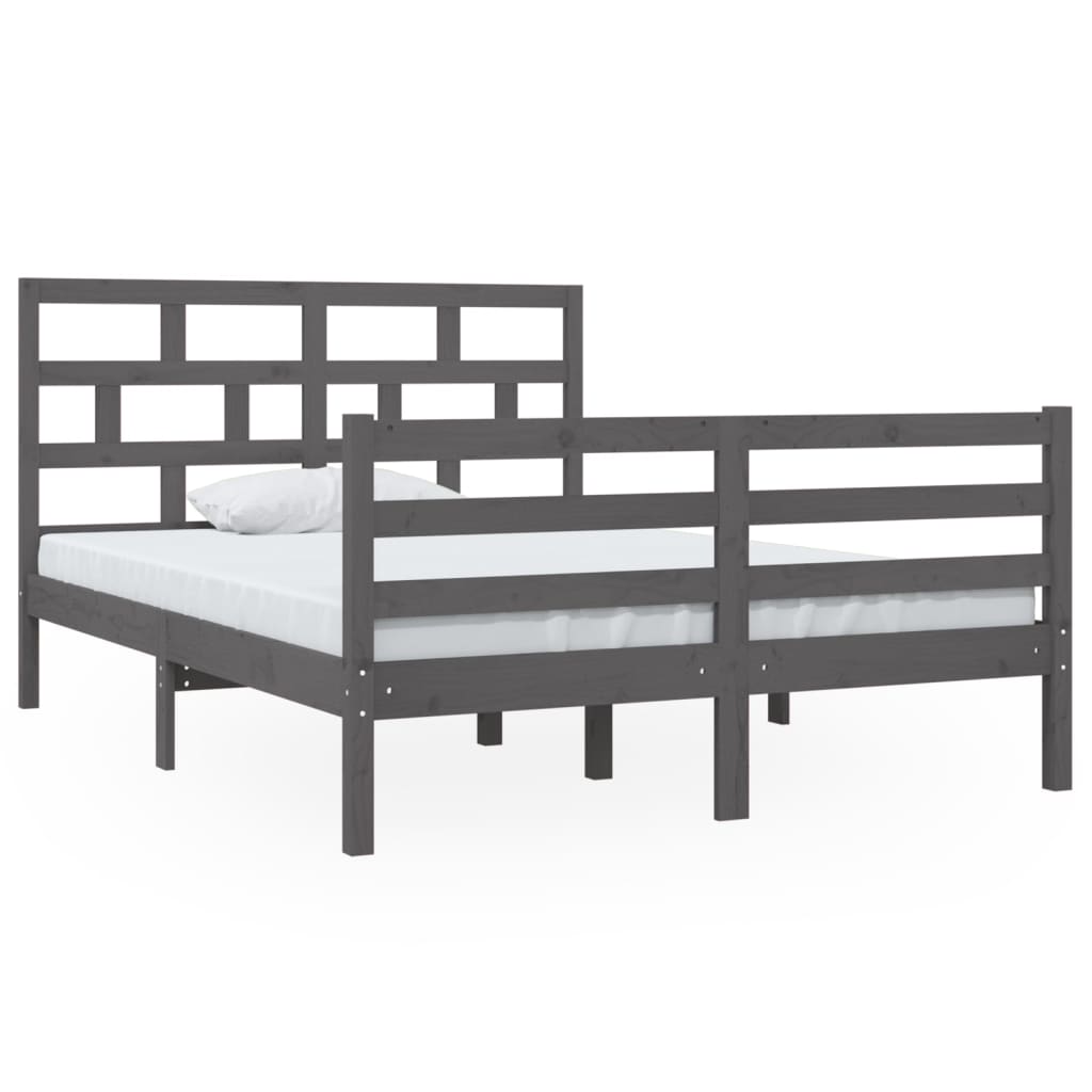 Estrutura de cama casal 135x190 cm madeira maciça cinzento