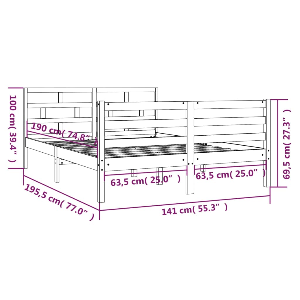 Estrutura de cama casal 135x190 cm madeira maciça cinzento