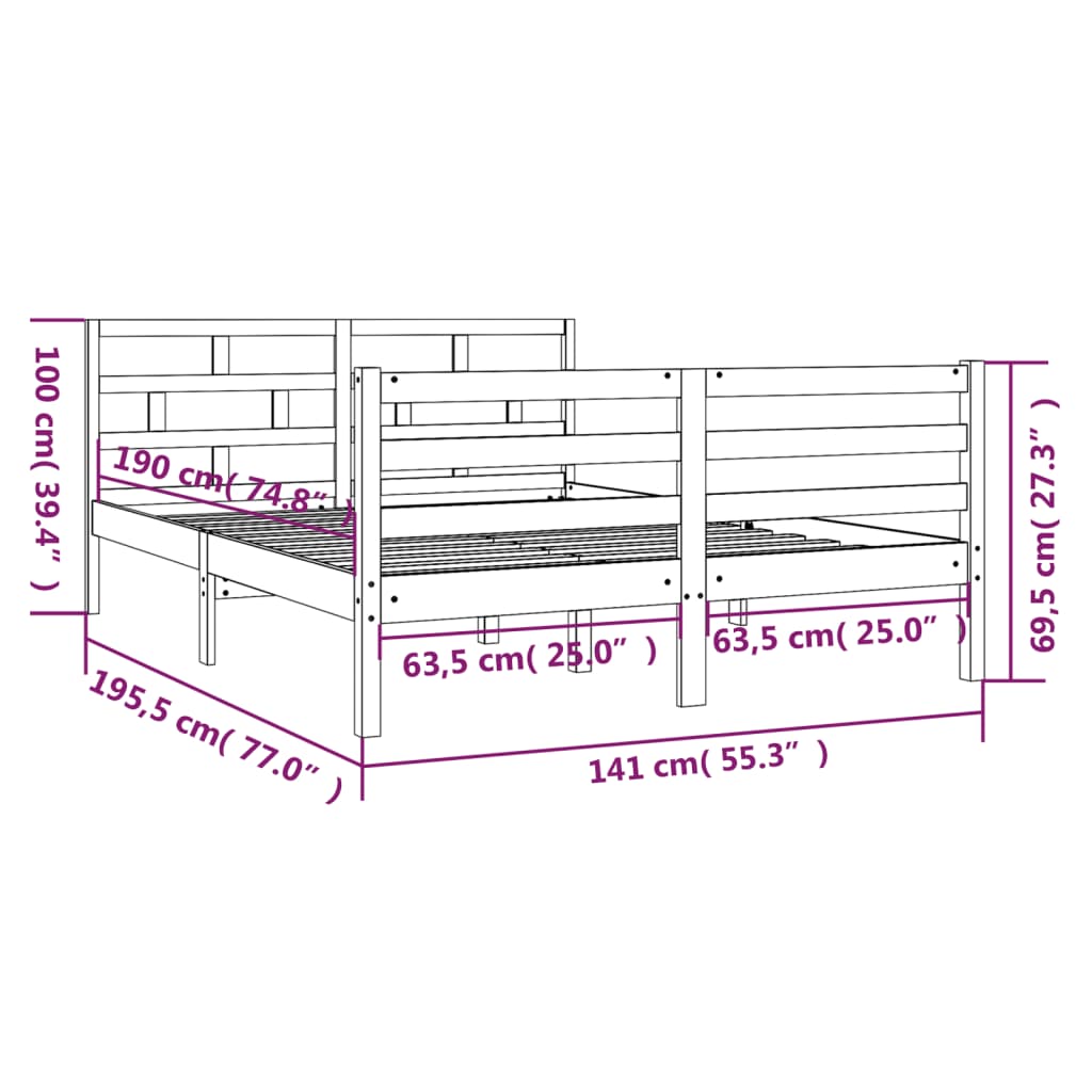 Estrutura de cama casal 135x190 cm madeira maciça preto