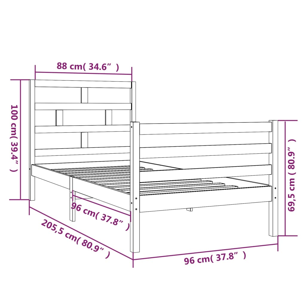 Estrutura de cama 90x200 cm madeira de pinho maciça cinzento