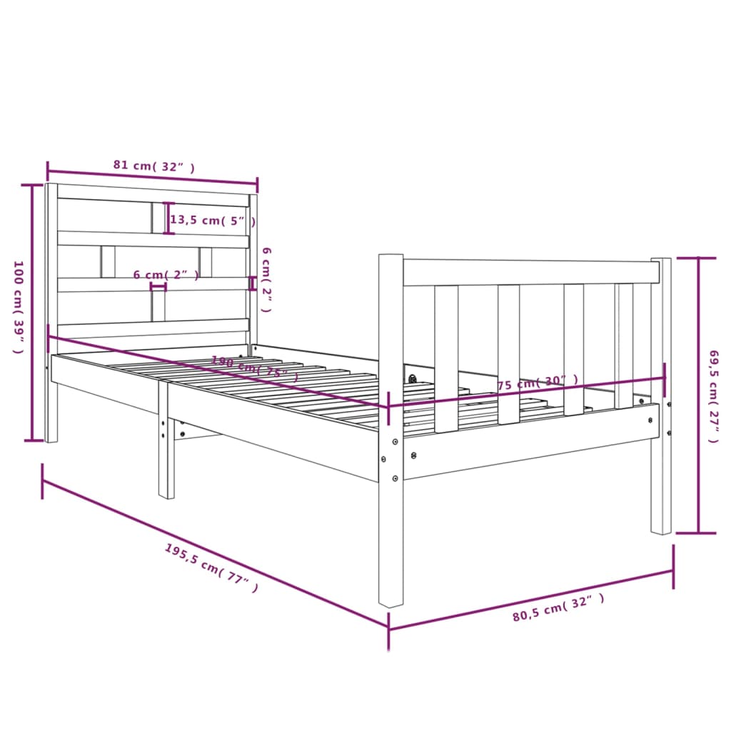 Estrutura de cama pequena solteiro 75x190 cm pinho maciço