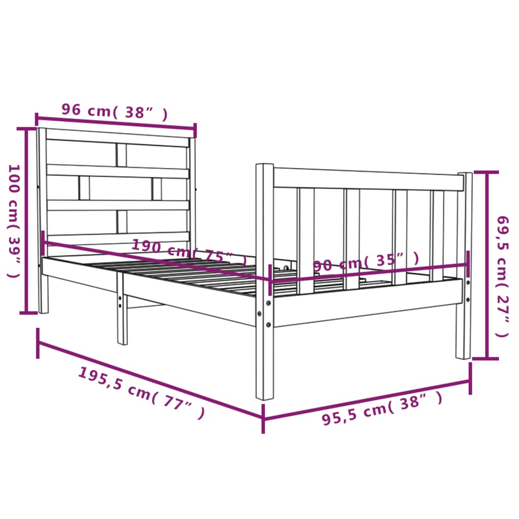 Estrutura de cama solteiro 90x190 cm pinho maciço preto