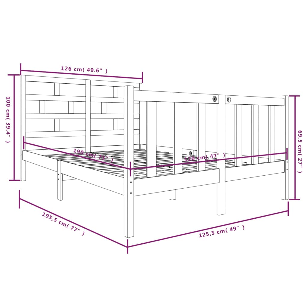 Estrutura de cama pequena casal 120x190 cm pinho maciço preto