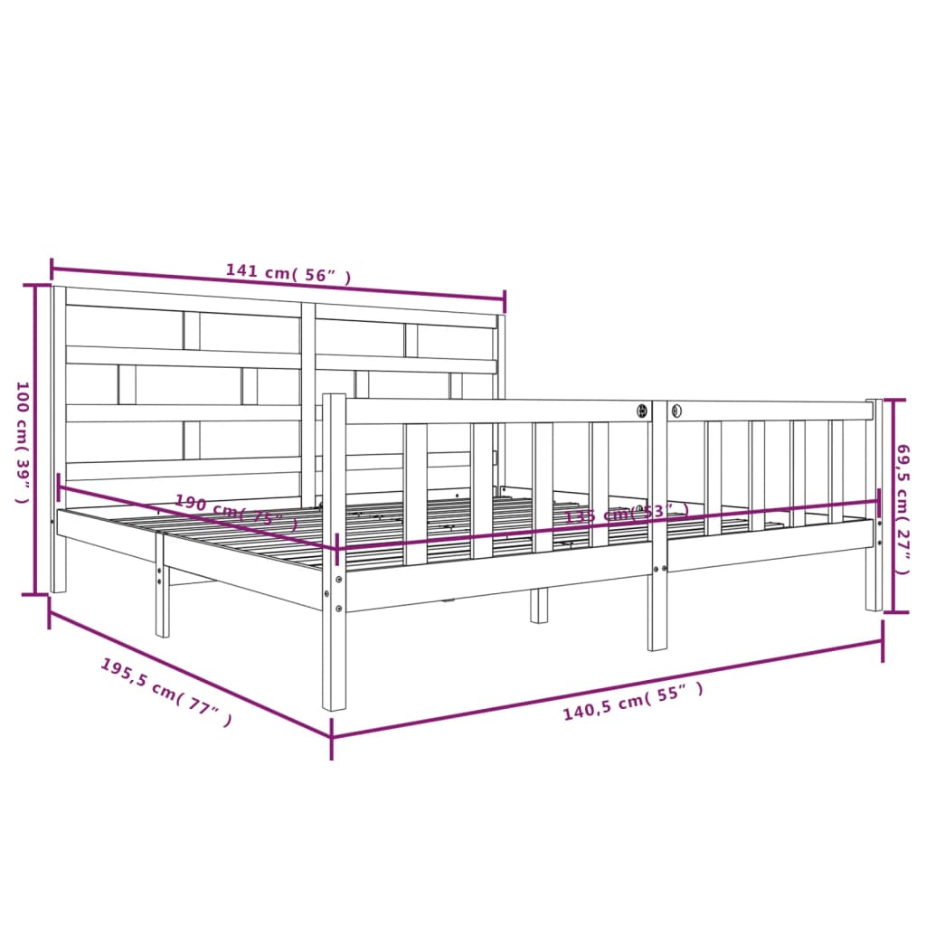 Estrutura de cama casal 135x190 cm pinho maciço