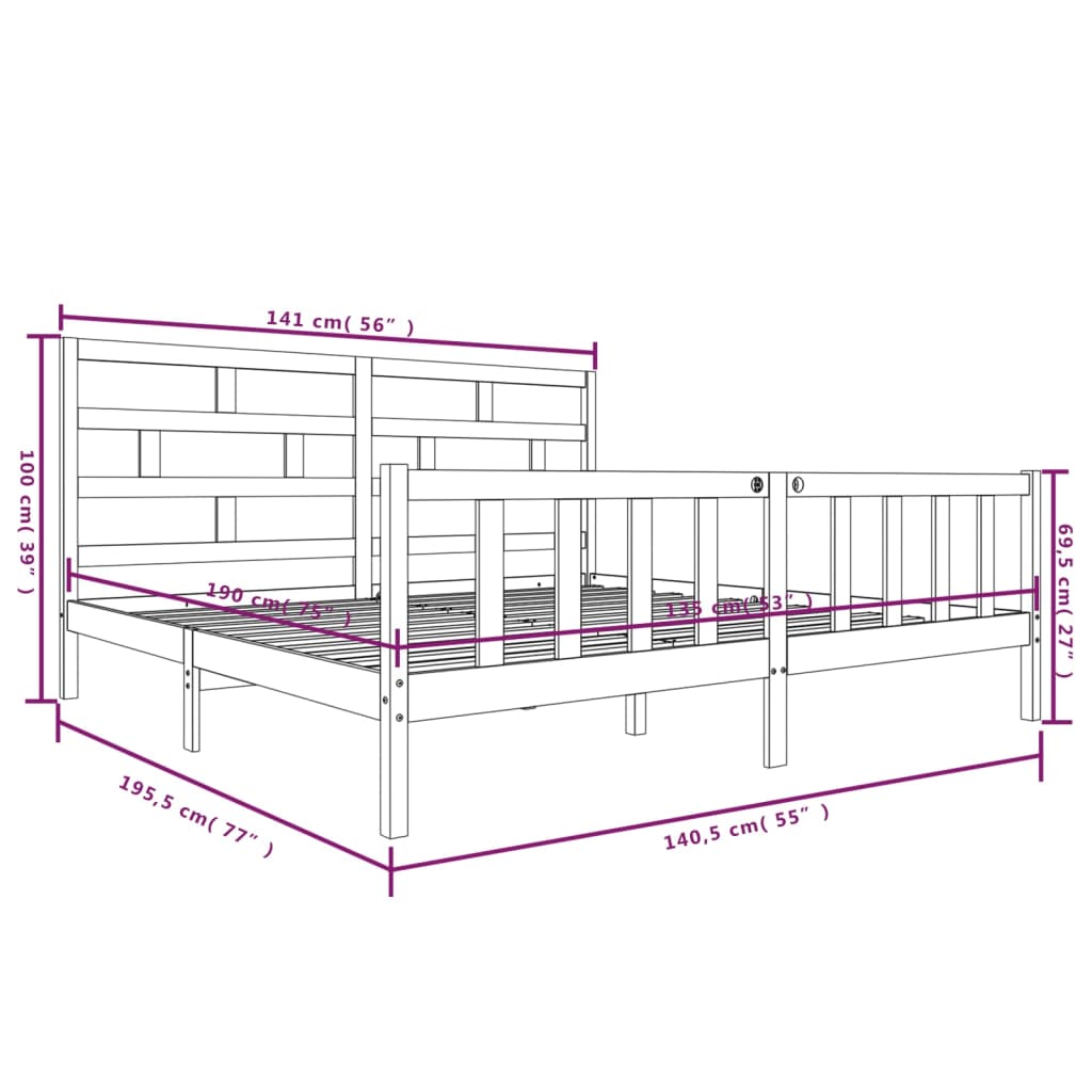 Estrutura de cama casal 135x190 cm pinho maciço cinza