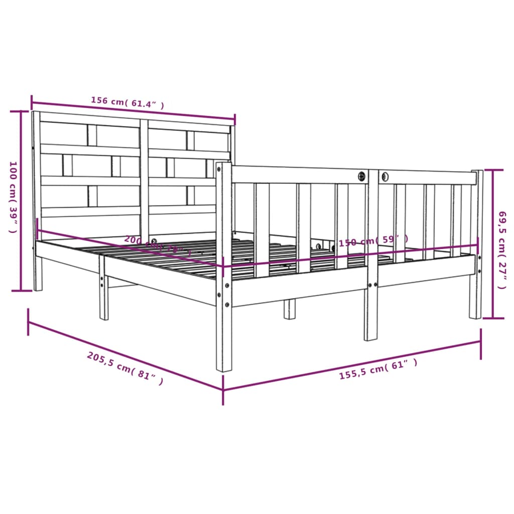 Estrutura de cama king 150x200 cm pinho maciço