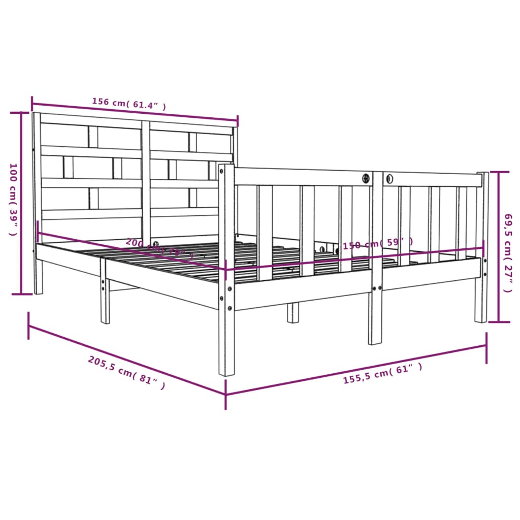 Estrutura de cama king 150x200 cm pinho maciço cinzento