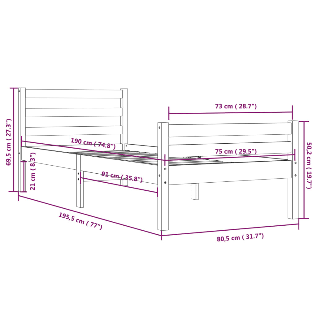 Estrutura cama pequena solteiro 75x190 cm madeira maciça branco