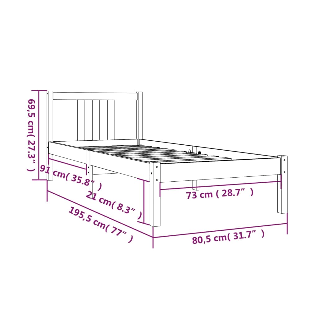 Estrutura de cama pequena solteiro 75x190 cm madeira maciça