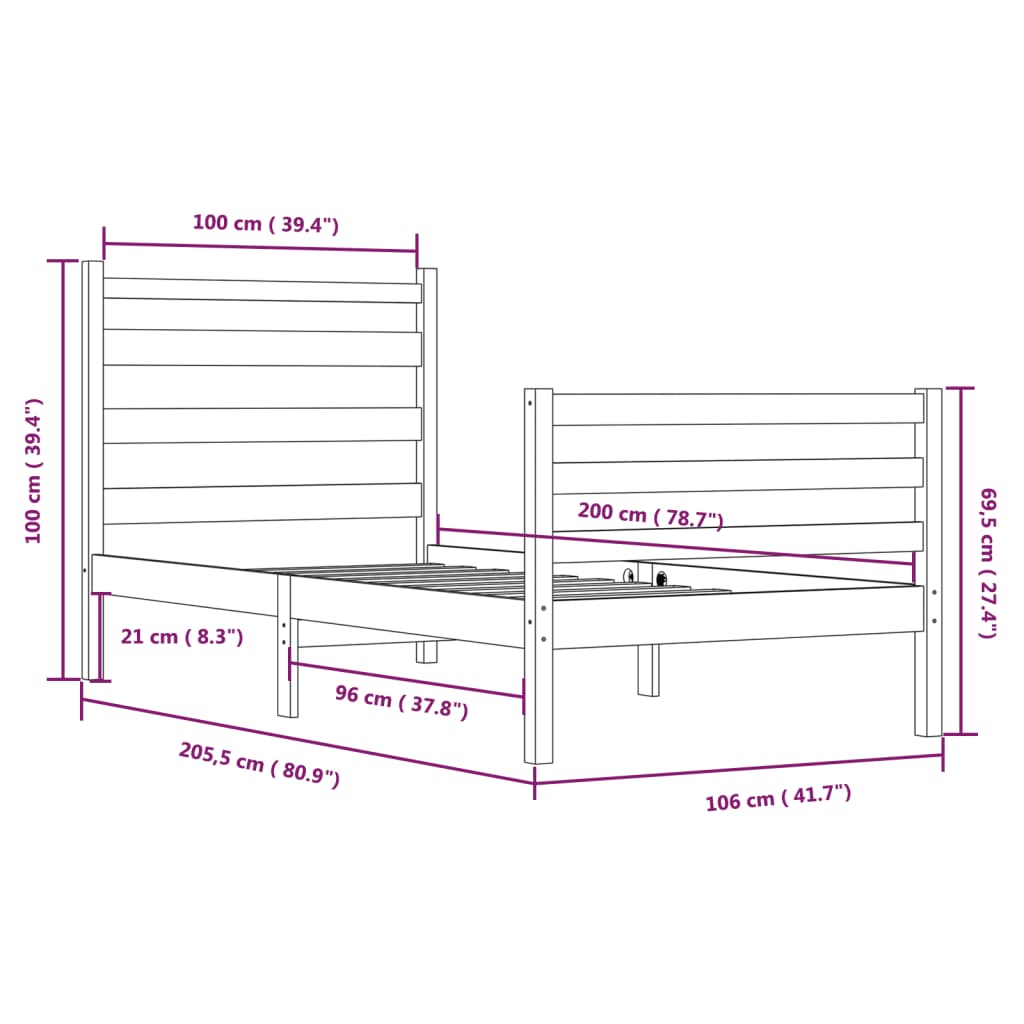 Estrutura de cama 100x200 cm pinho maciço preto