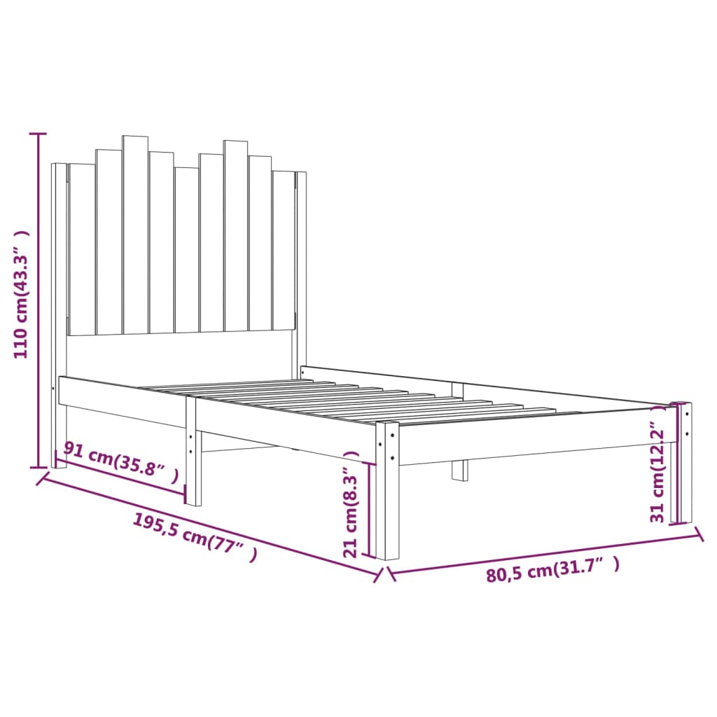 Estrutura de cama pequena solteiro 2FT6 75x190 cm pinho maciço