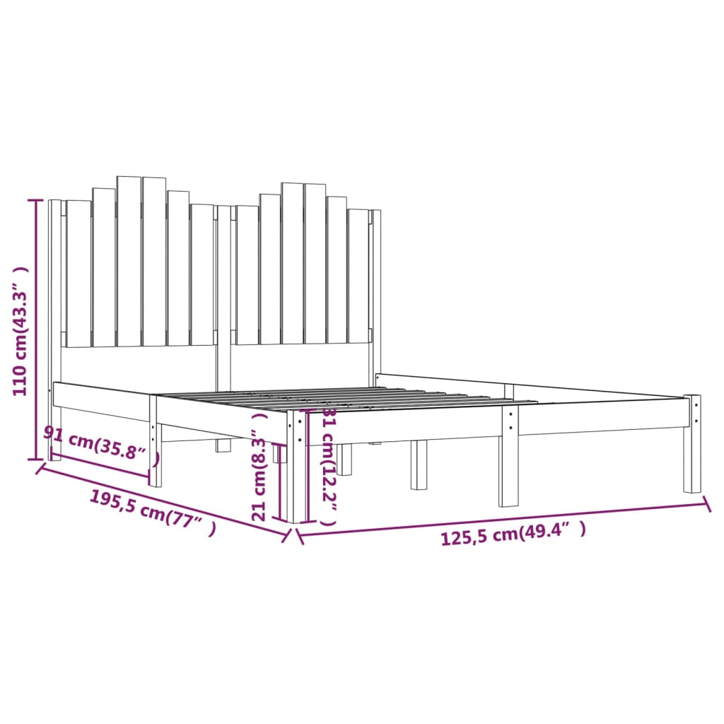 Estrutura de cama dupla pequena 4FT 120x190 cm pinho maciço