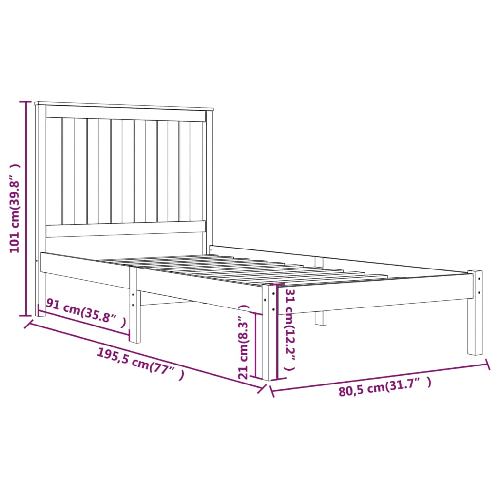 Estrutura de cama pequena solteiro 2FT6 75x190 cm pinho maciço