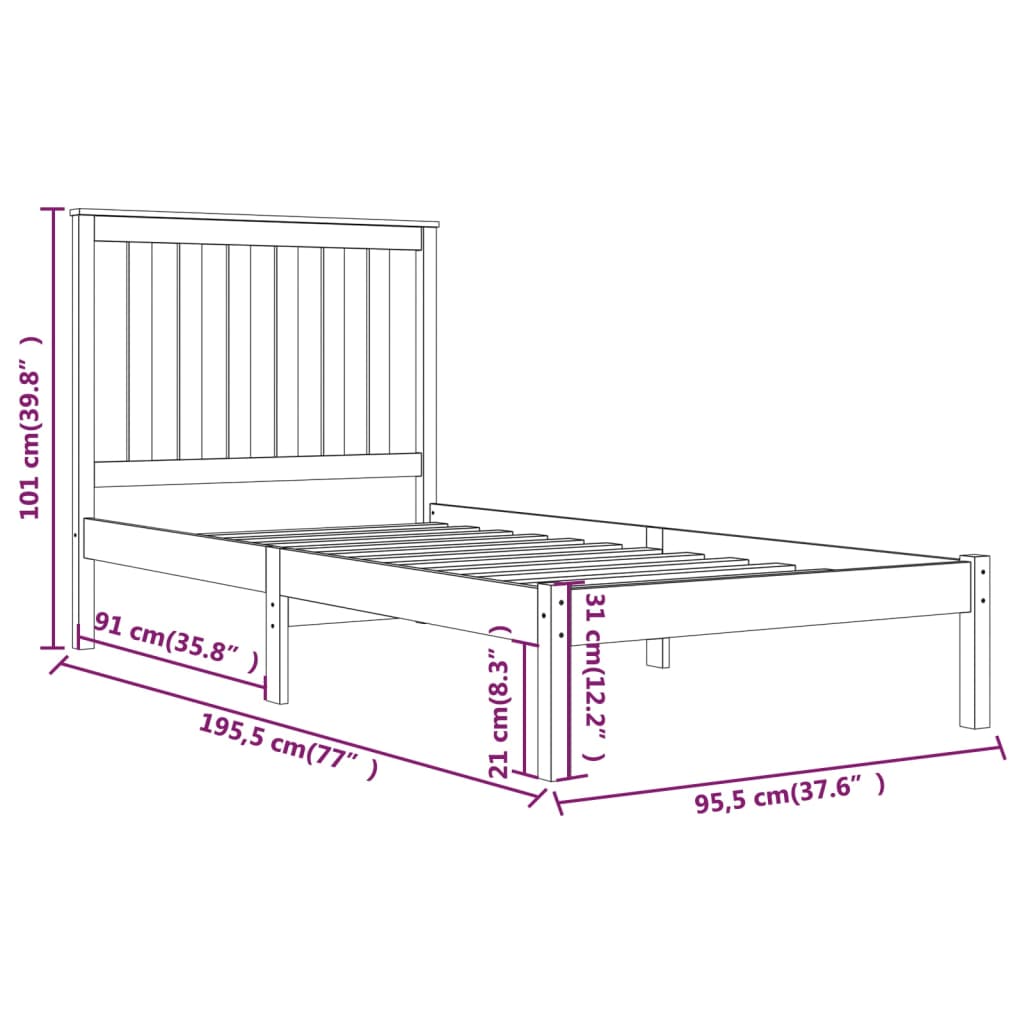 Estrutura de cama solteiro 90x190 cm pinho maciço branco