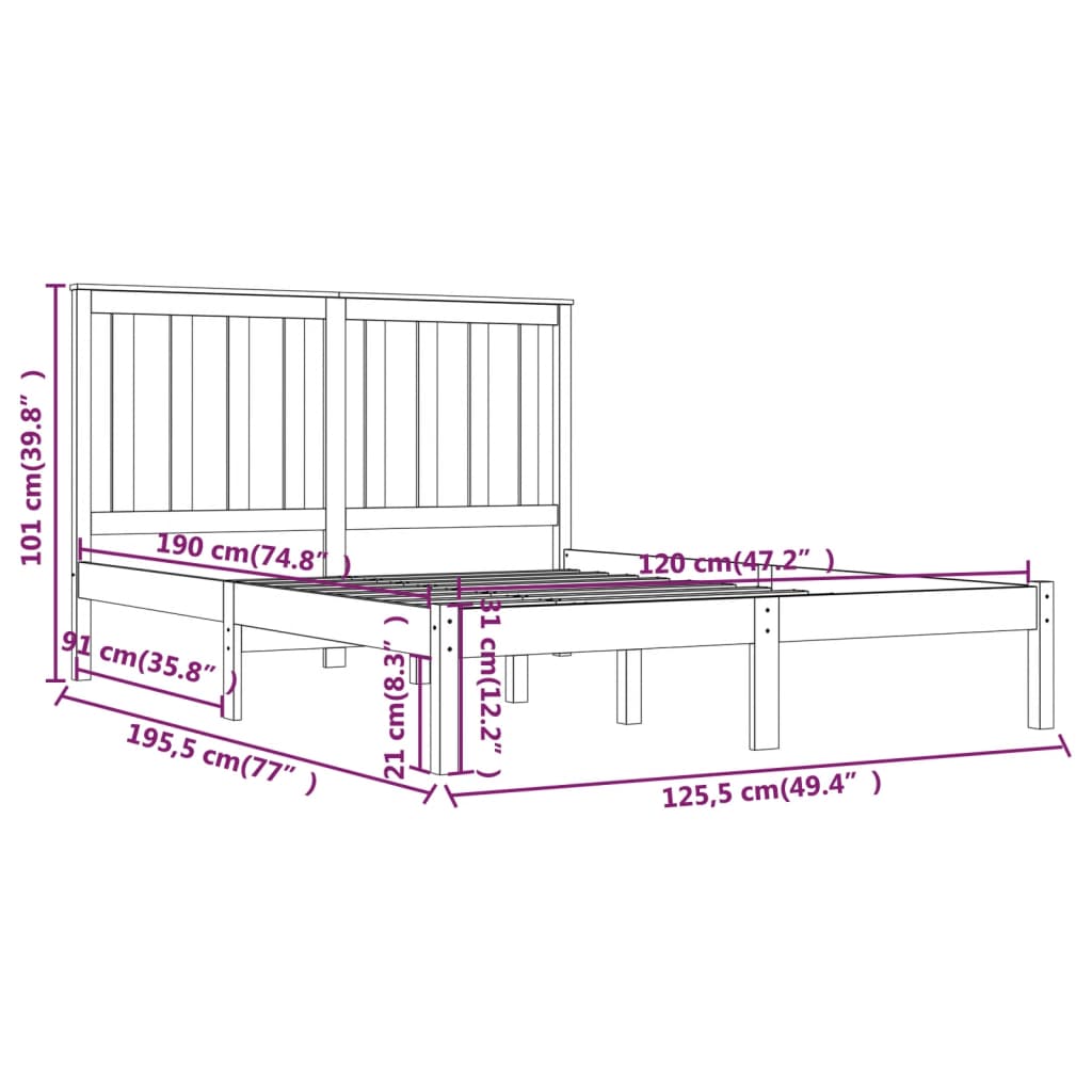 Estrutura de cama dupla pequena 4FT 120x190 cm pinho maciço