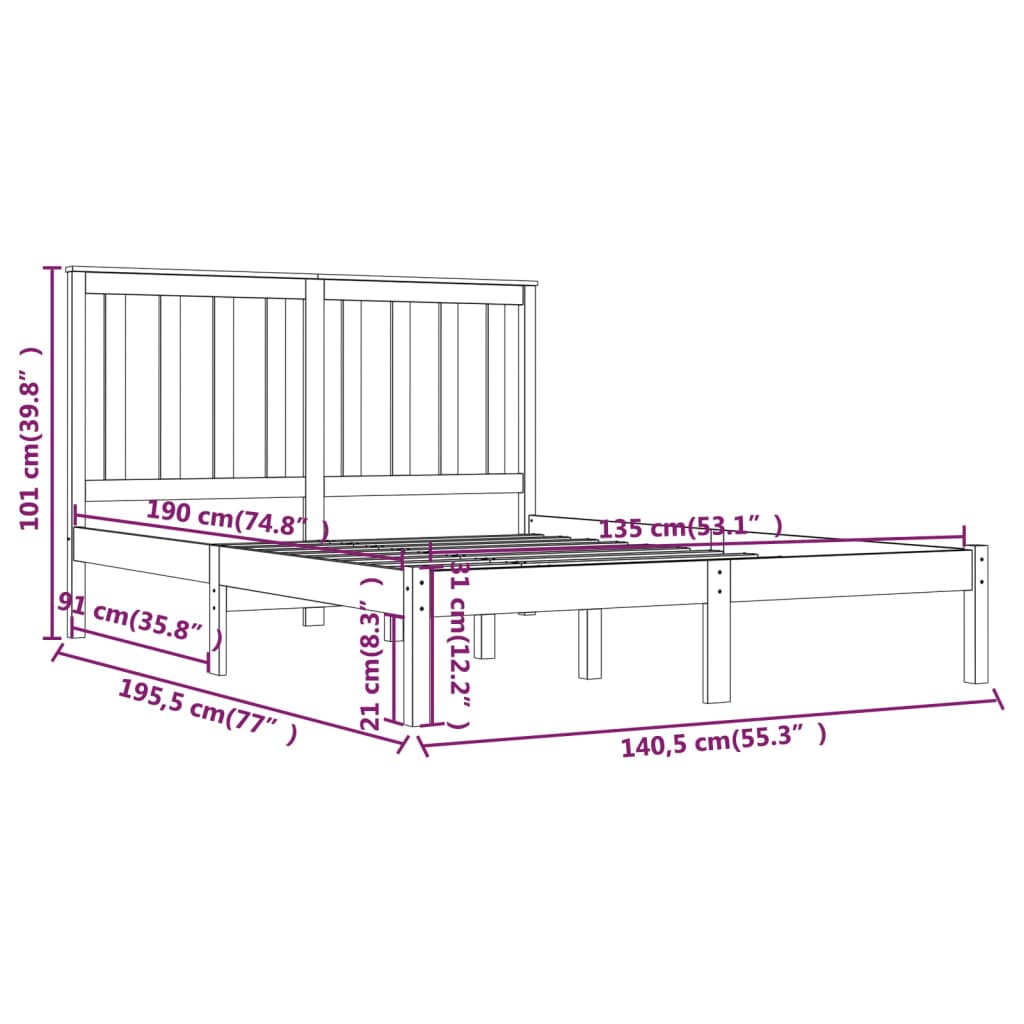 Estrutura de cama casal 135x190 cm pinho maciço branco