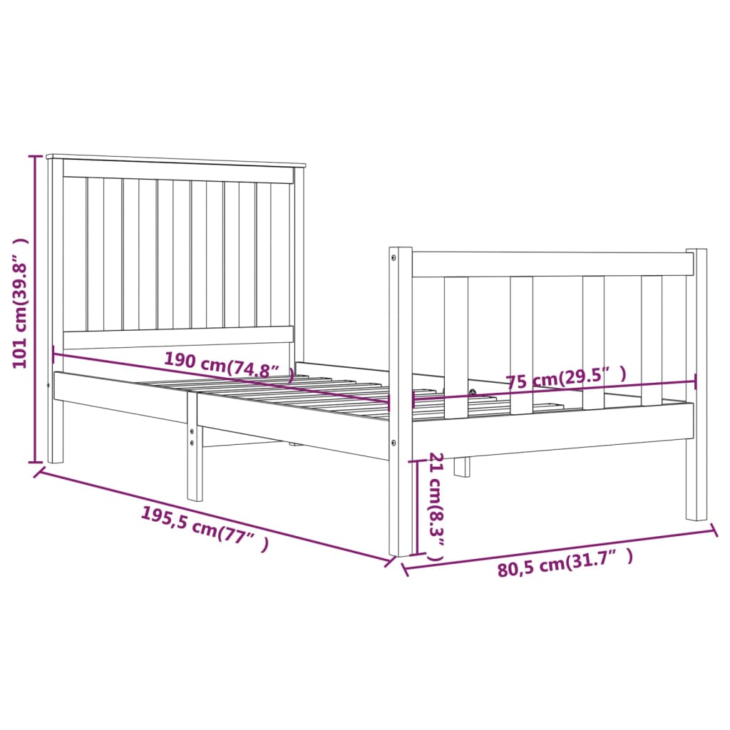 Estrutura de cama pequena solteiro 2FT6 75x190 cm pinho maciço