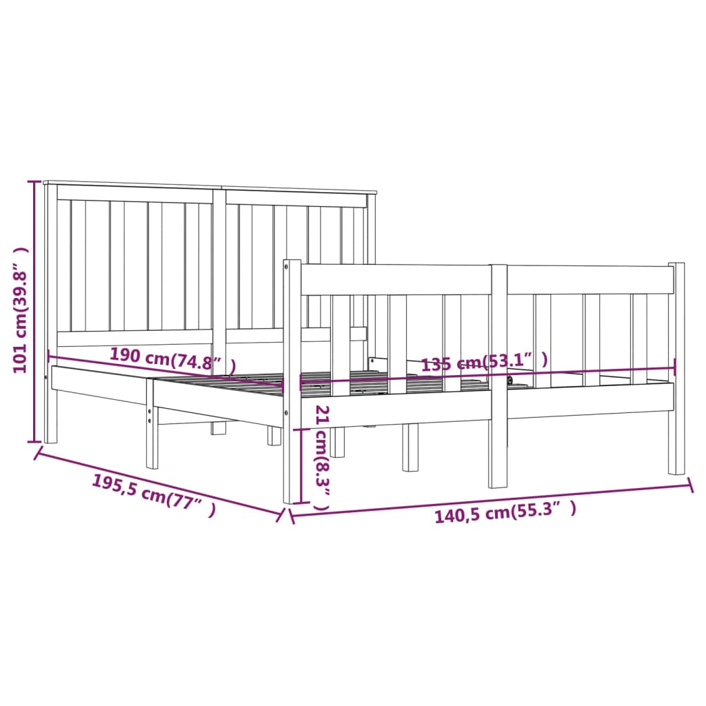 Estrutura de cama casal 135x190 cm pinho maciço