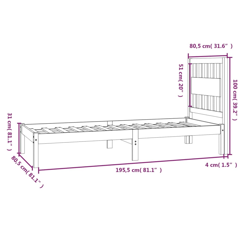 Estrutura de cama pequena solteiro 75x190cm pinho maciço branco