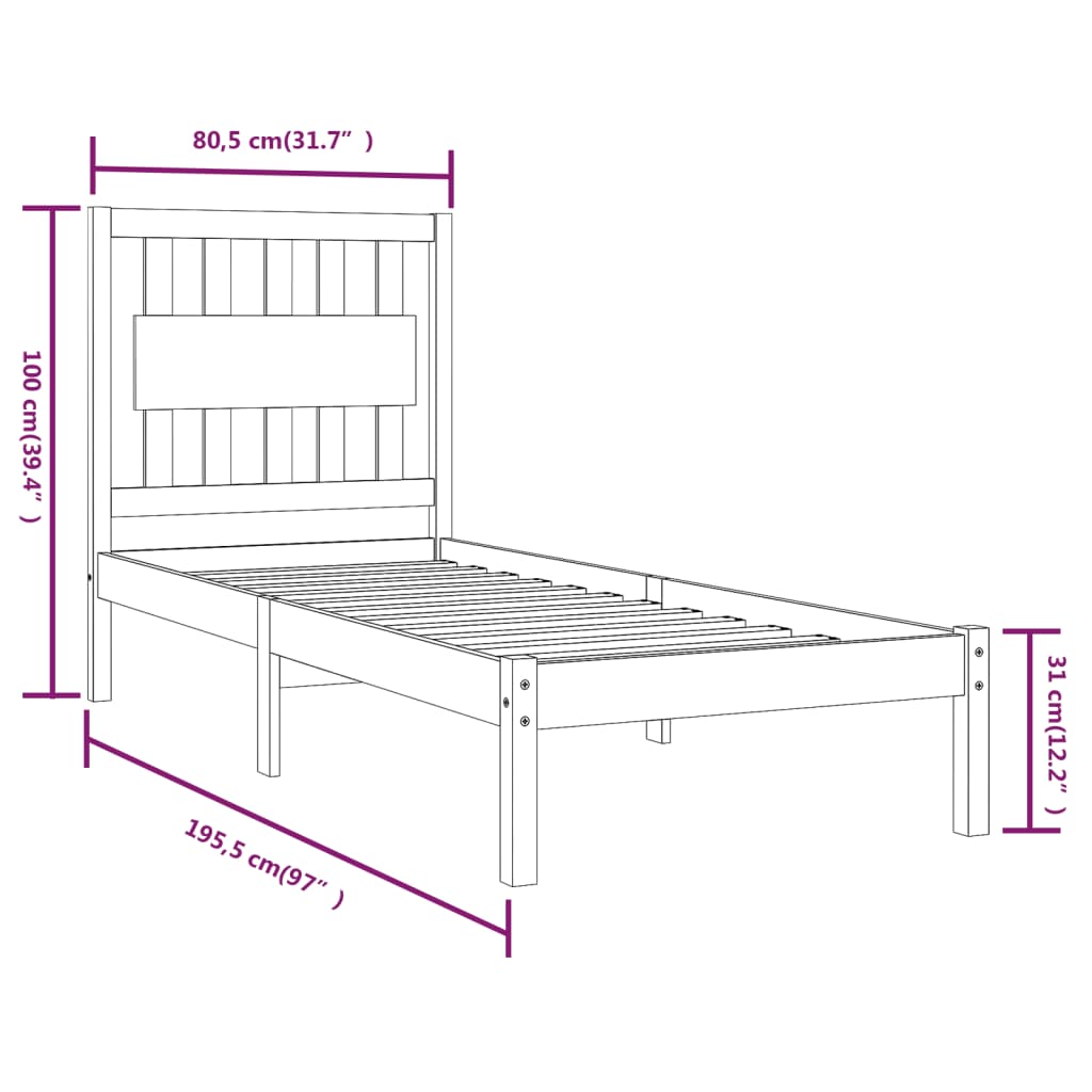 Estrutura de cama pequena solteiro 75x190 cm pinho maciço preto