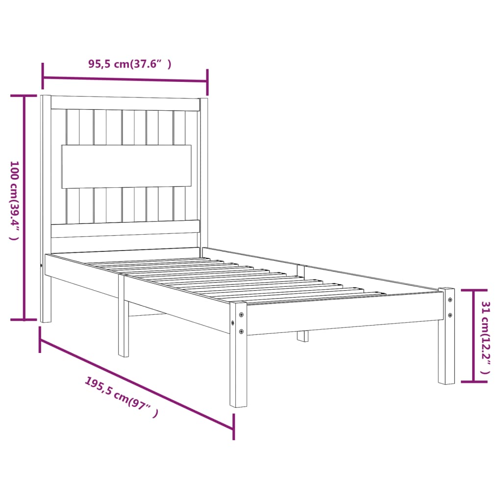 Estrutura de cama solteiro 90x190 cm pinho maciço preto