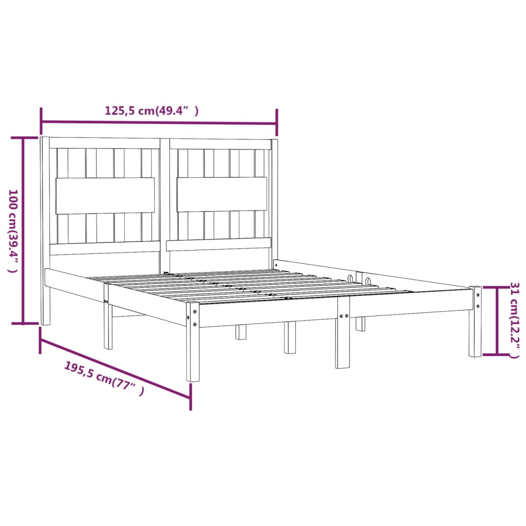 Estrutura de cama dupla pequena 4FT 120x190 cm pinho maciço