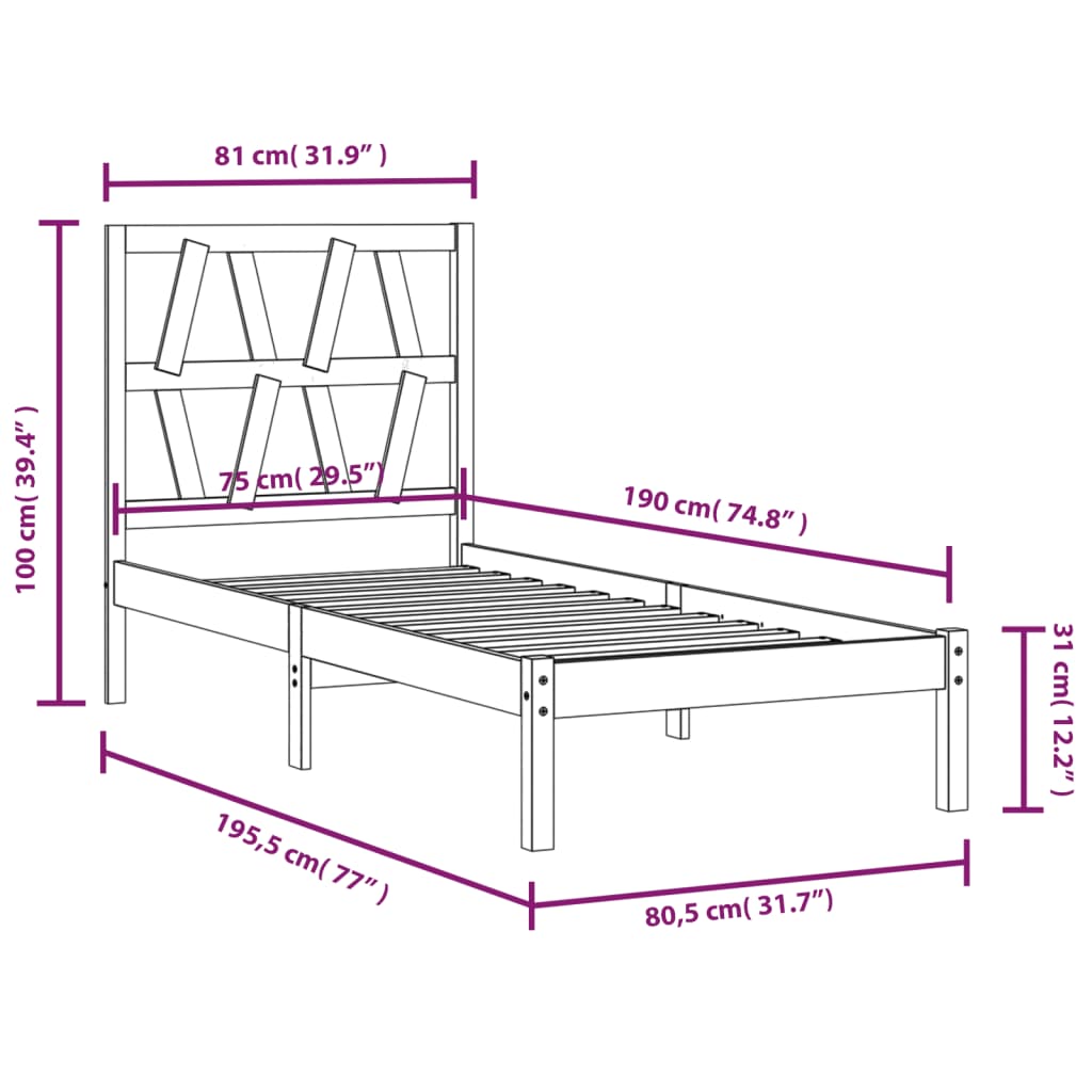 Estrutura de cama pequena solteiro 2FT6 75x190 cm pinho maciço