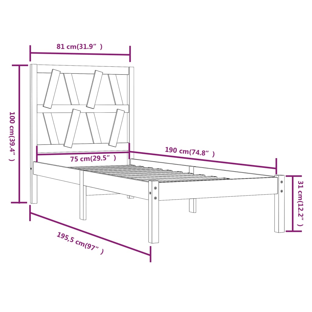 Estrutura de cama pequena solteiro 75x190cm pinho maciço branco