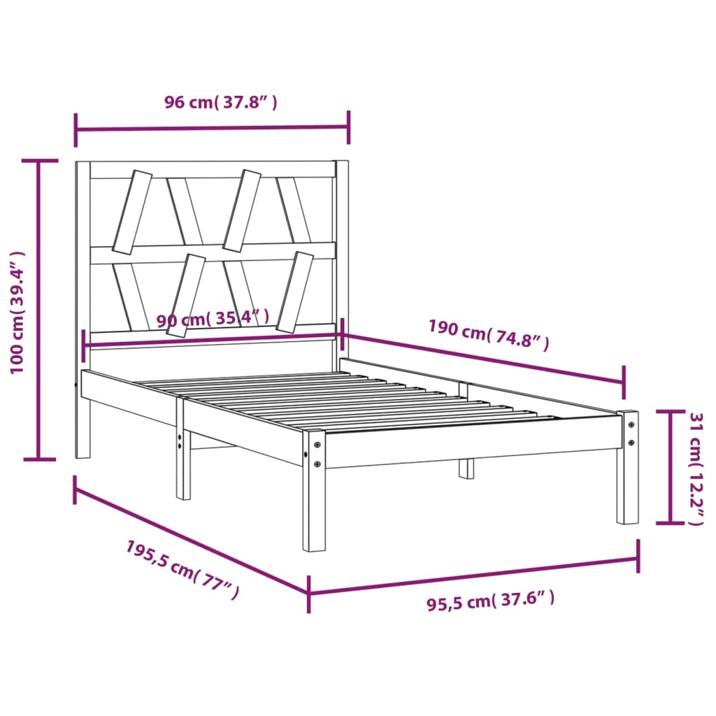 Estrutura de cama solteiro 90x190 cm pinho maciço