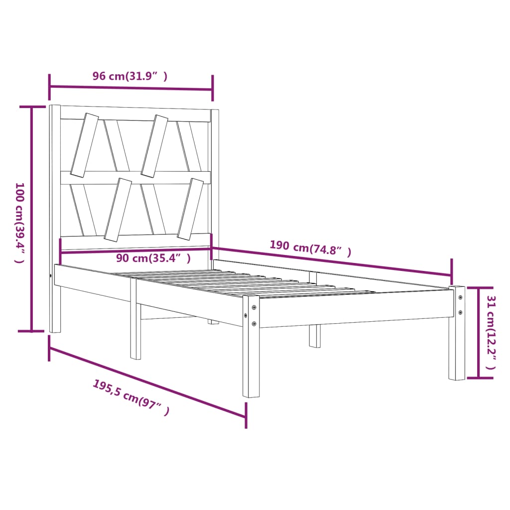 Estrutura de cama solteiro 90x190 cm pinho maciço branco