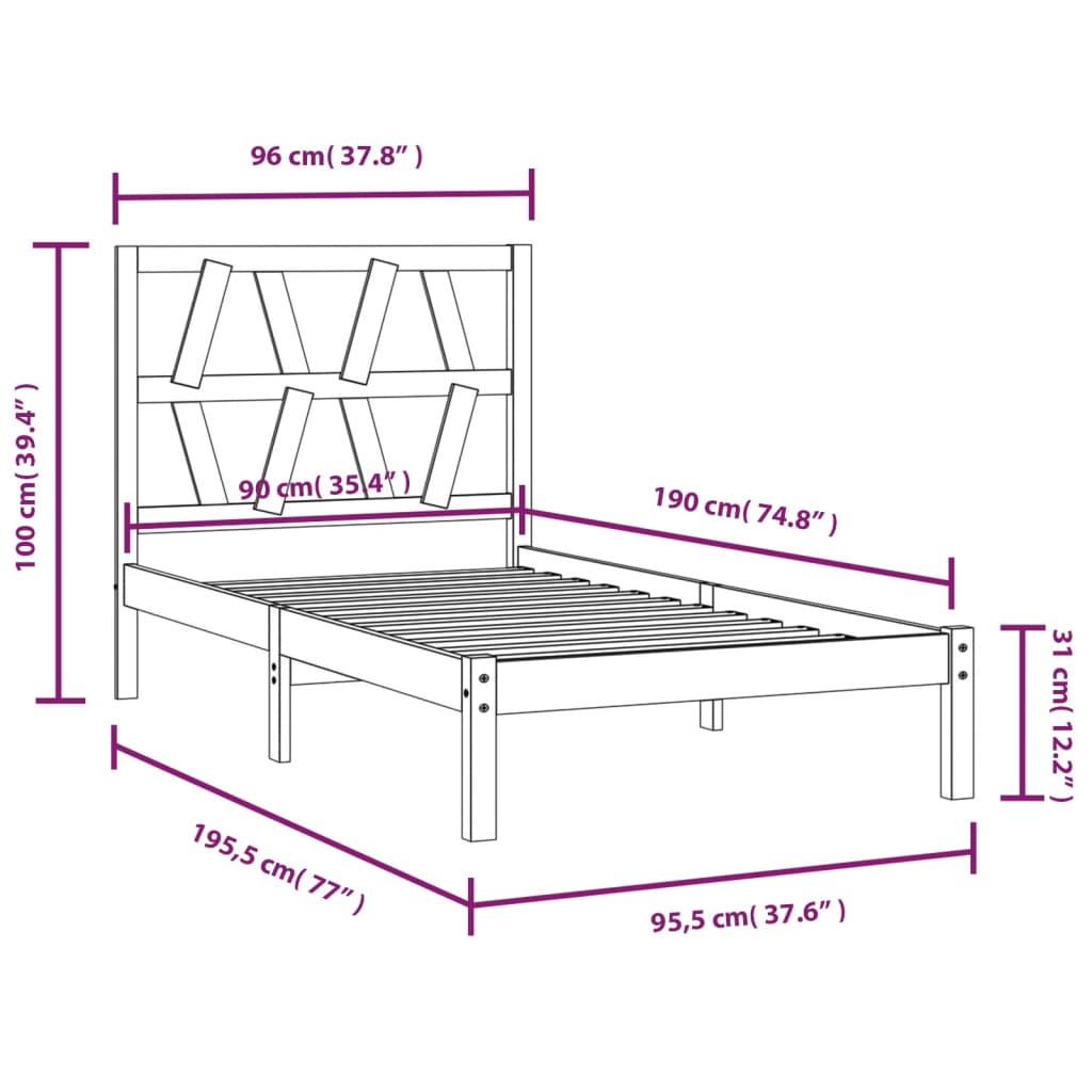 Estrutura de cama solteiro 90x190 cm pinho maciço preto