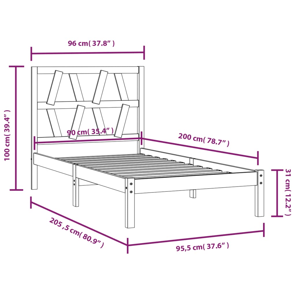 Estrutura de cama 90 x 200 cm pinho maciço