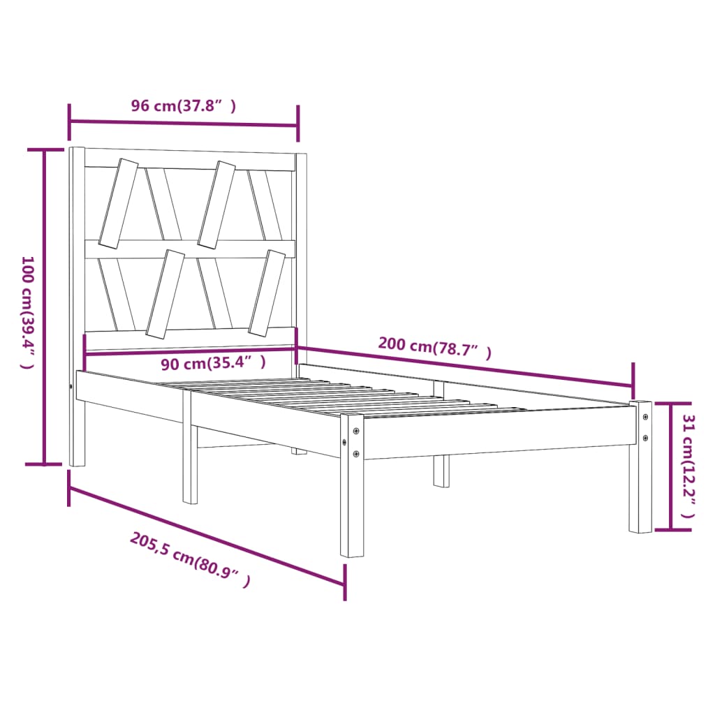 Estrutura de cama 90x200 cm pinho maciço branco