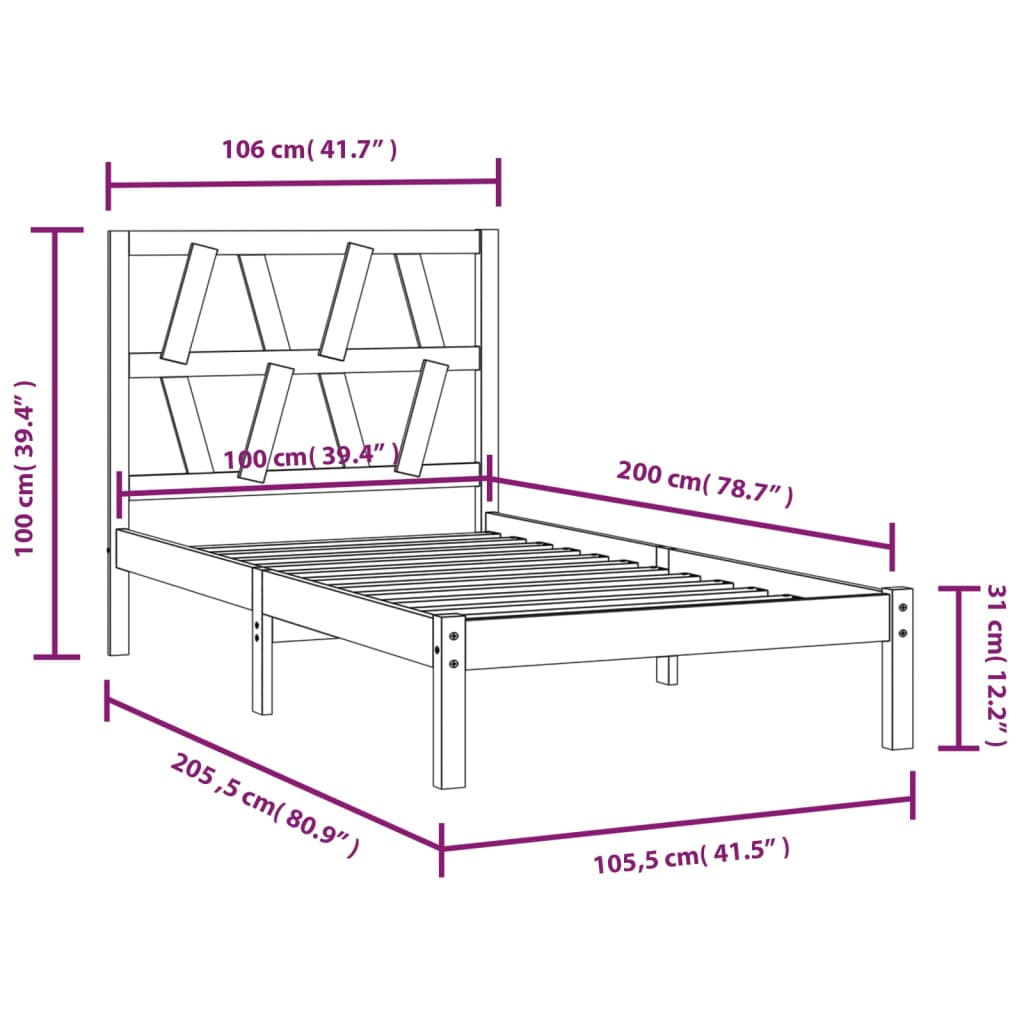 Estrutura de cama 100x200 cm pinho maciço