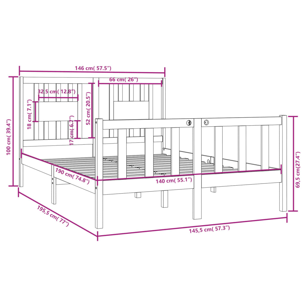 Estrutura de cama 140x190 cm madeira maciça cinzento