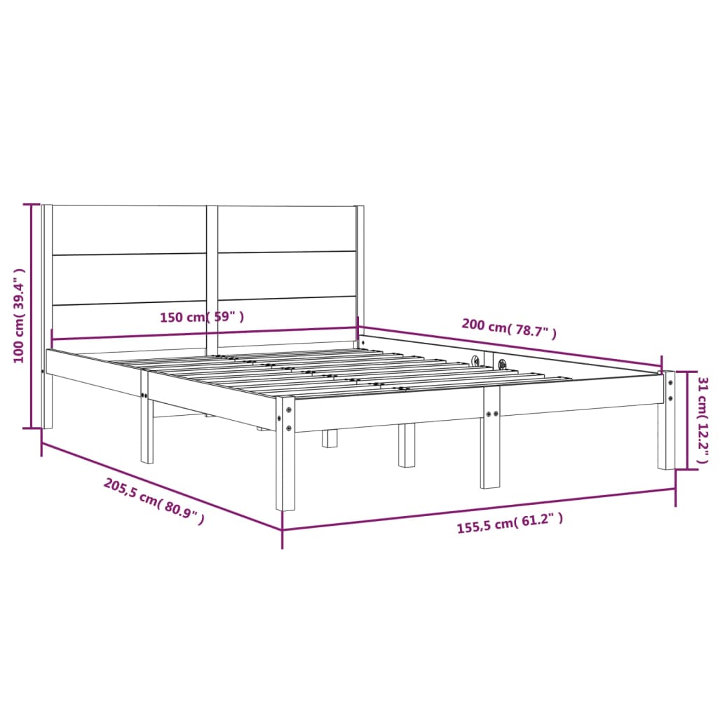 Estrutura de cama king 150x200 cm madeira maciça cinza