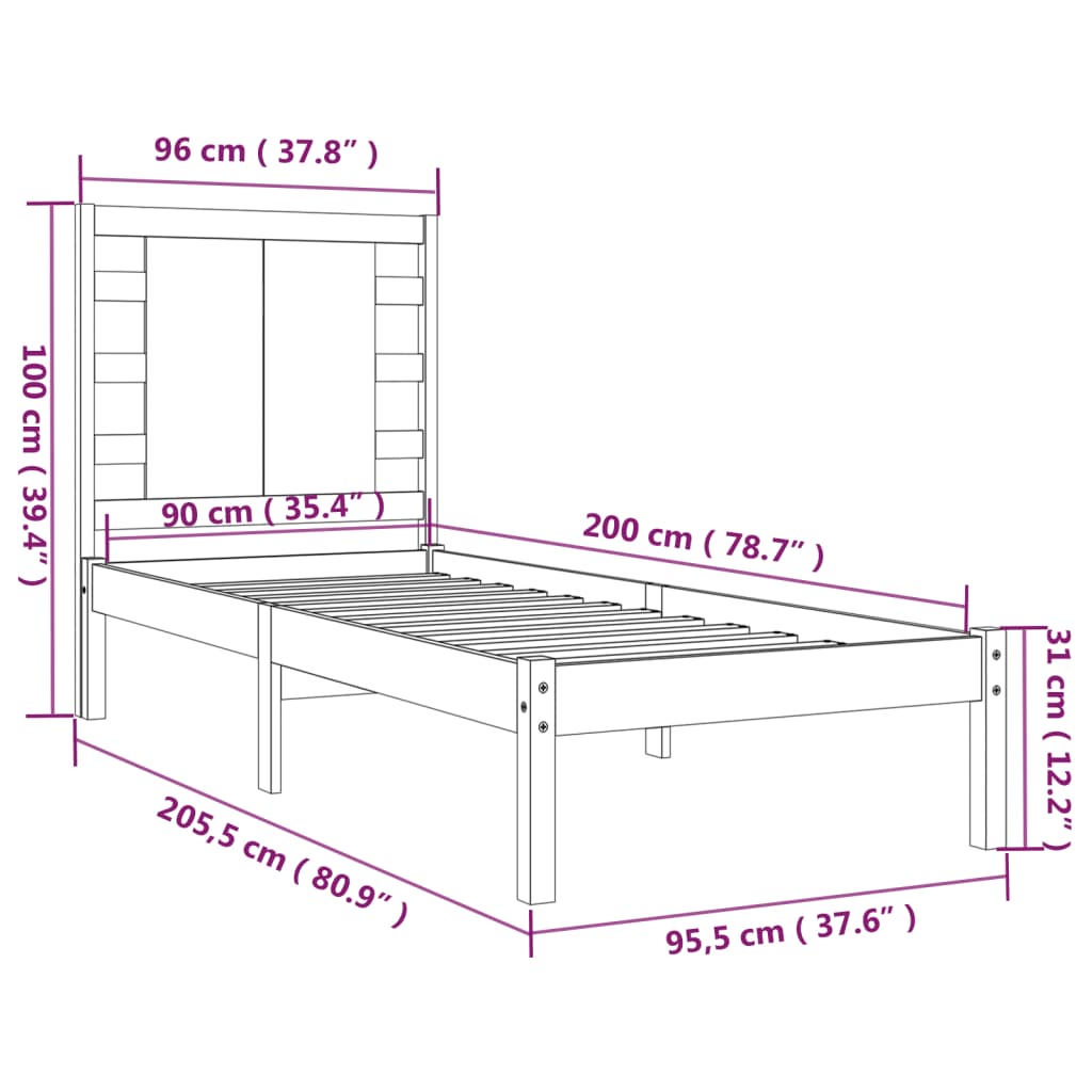 Estrutura de cama 90 x 200 cm pinho maciço