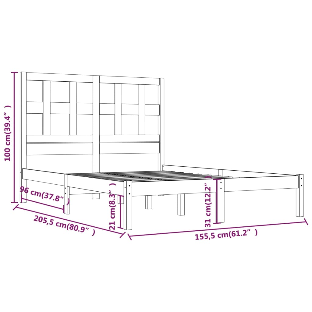 Estrutura de cama king 150x200 cm pinho maciço cinzento