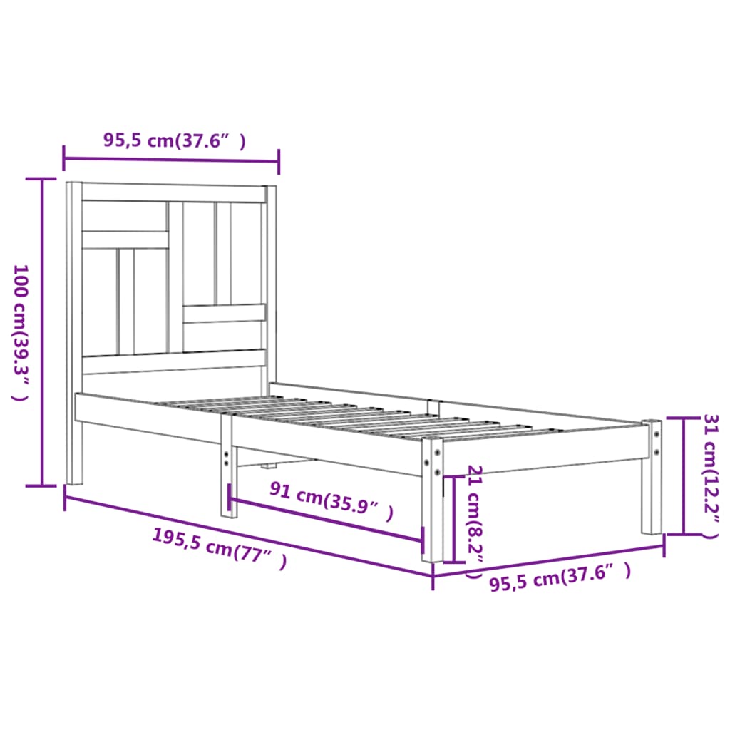 Estrutura de cama solteiro 90x190 cm pinho maciço preto