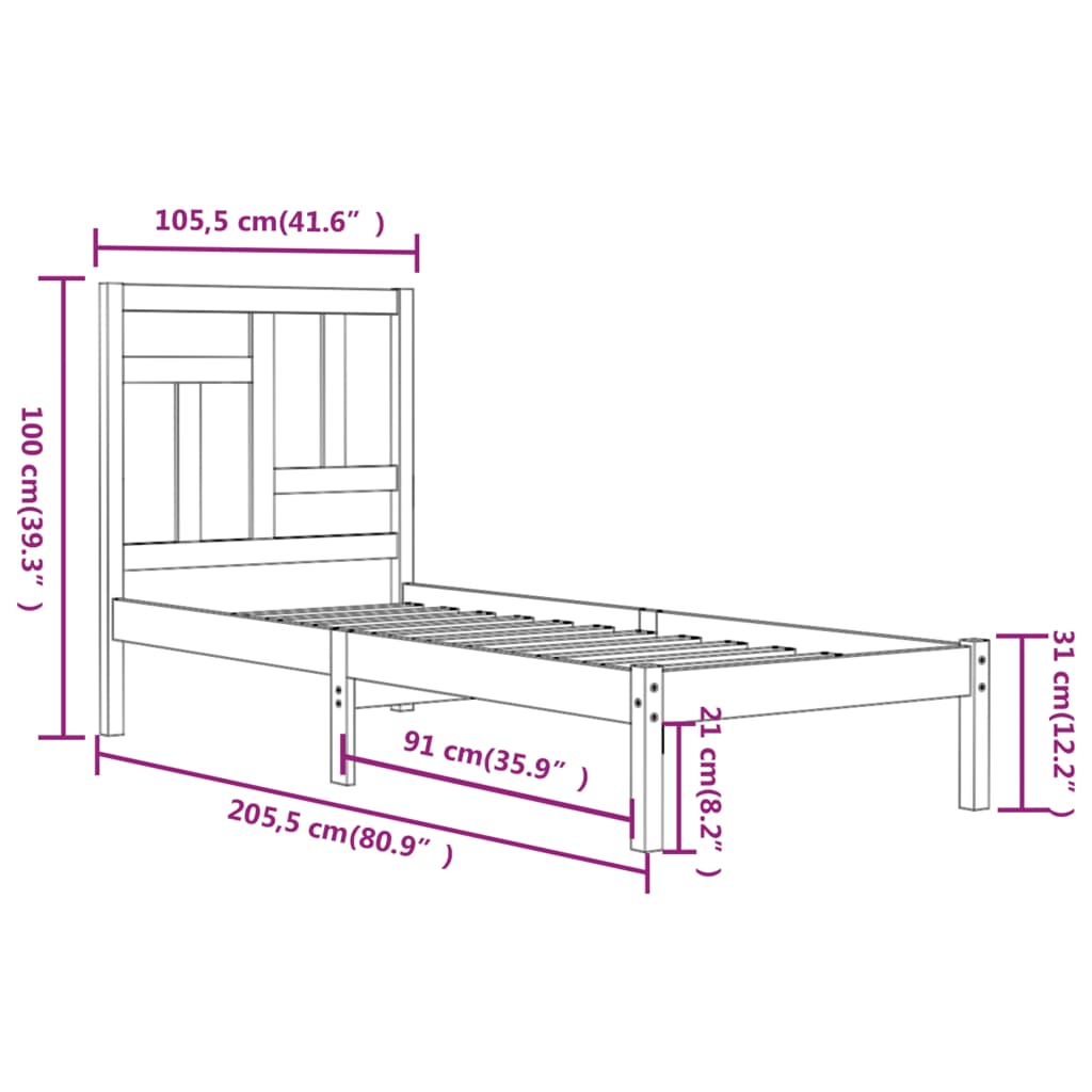 Estrutura de cama 100x200 cm pinho maciço