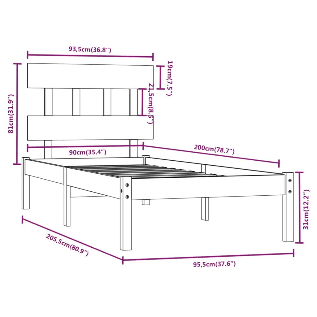 Estrutura de cama 90x200 cm madeira maciça branco