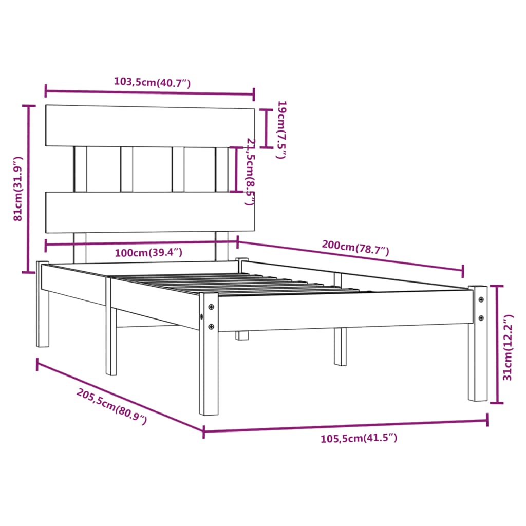 Estrutura de cama 100x200 cm madeira maciça branco