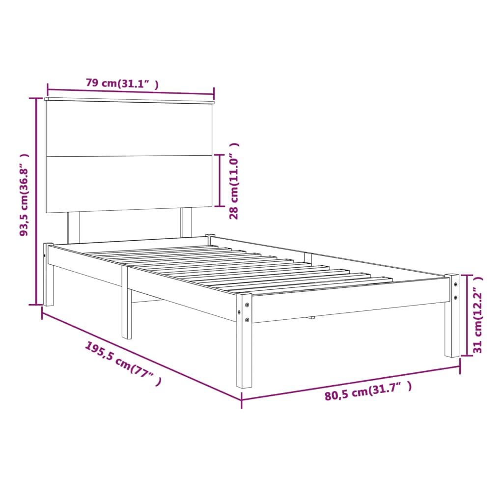 Estrutura de cama pequena solteiro 75x190 cm madeira maciça