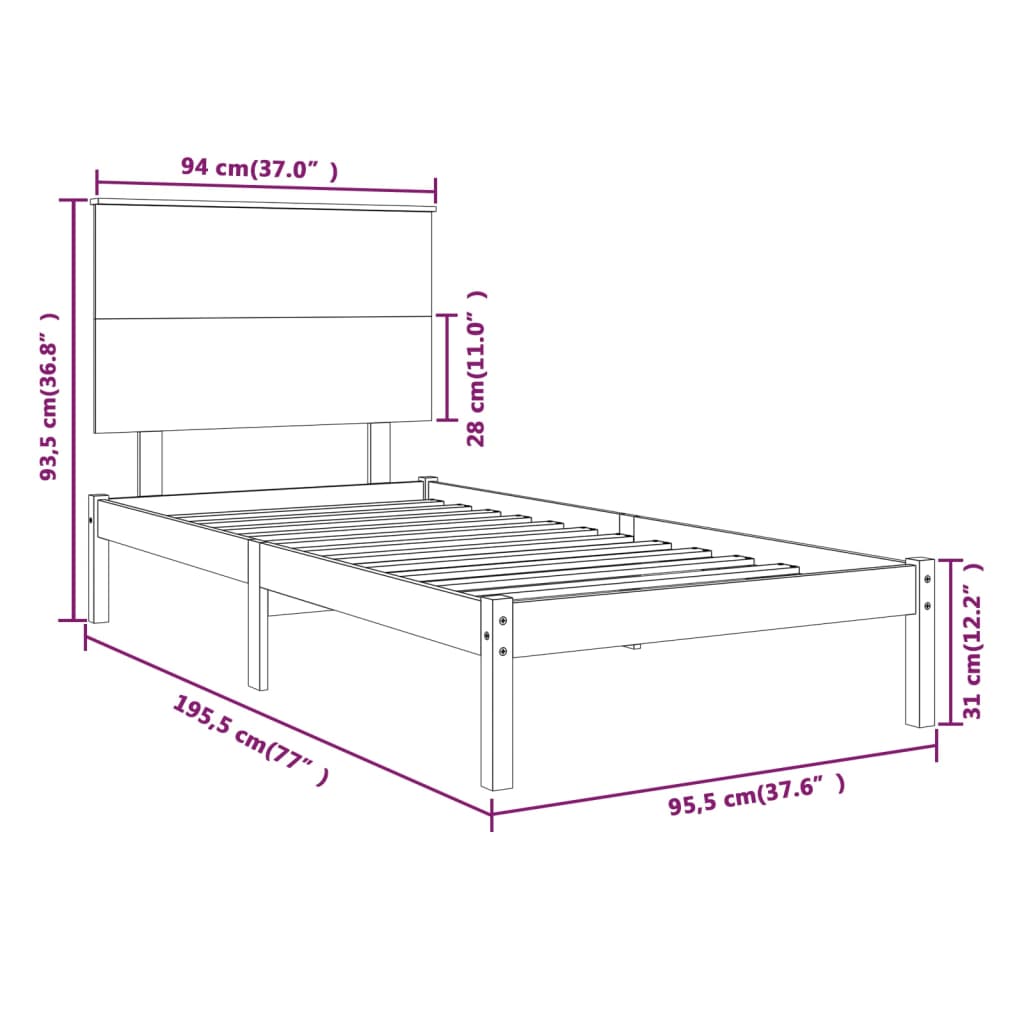 Estrutura de cama solteiro 90x190 cm madeira maciça branco