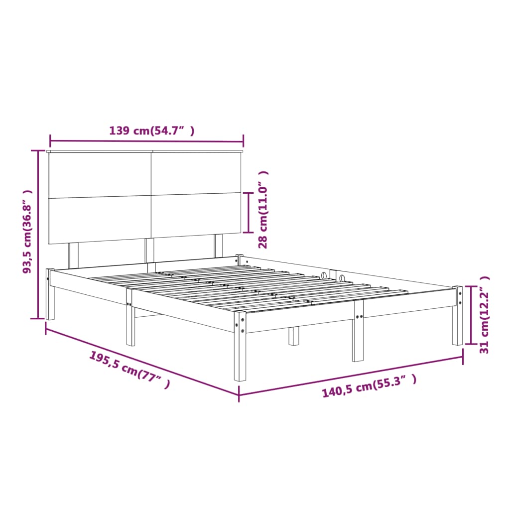 Estrutura de cama casal 135x190 cm madeira maciça preto