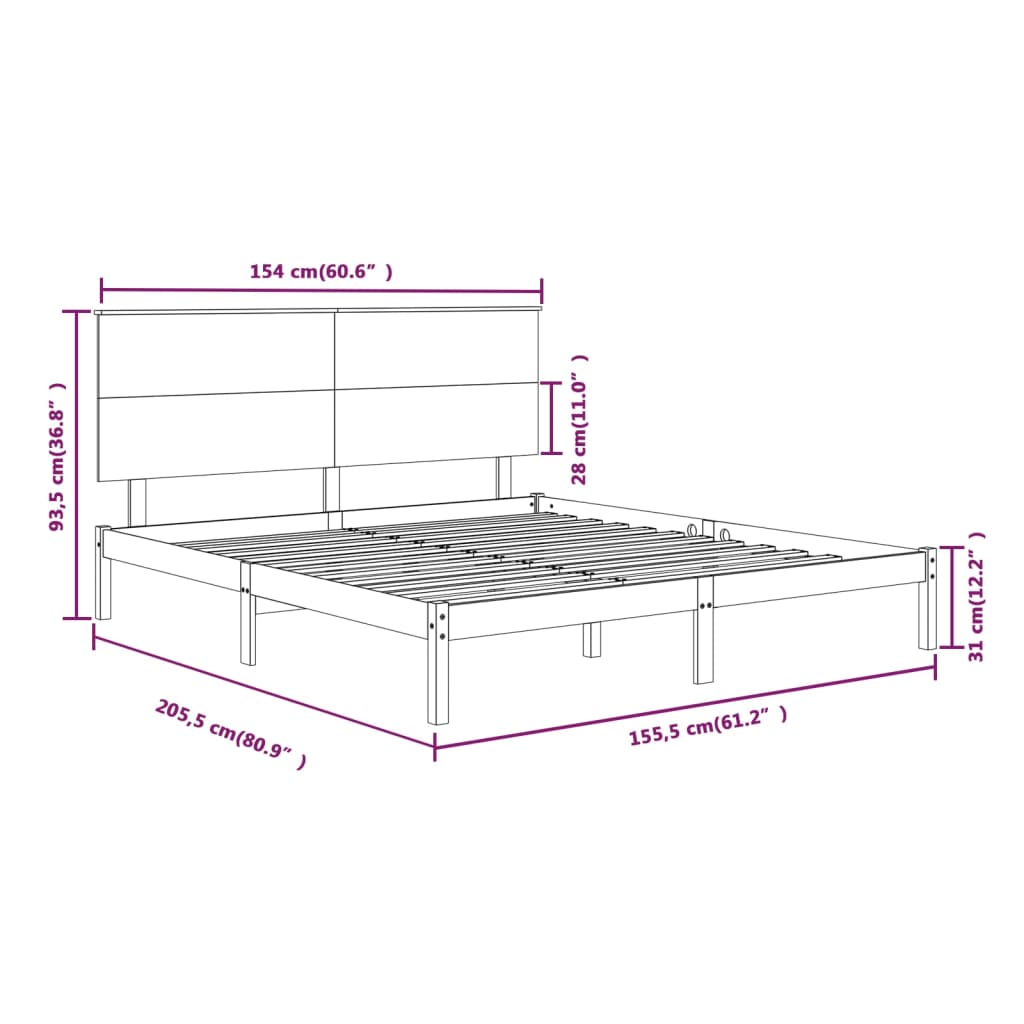 Estrutura de cama king 150x200 cm madeira maciça cinza