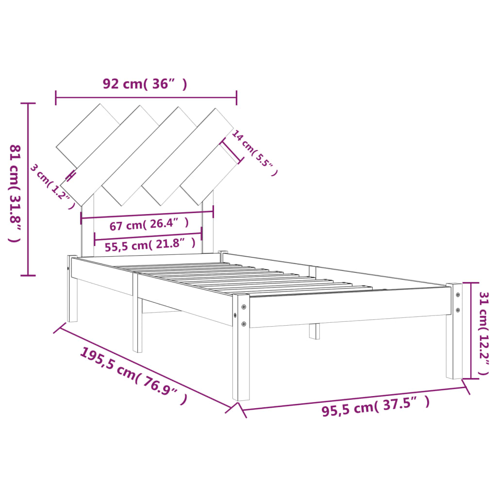 Estrutura de cama solteiro 90x190 cm madeira maciça preto